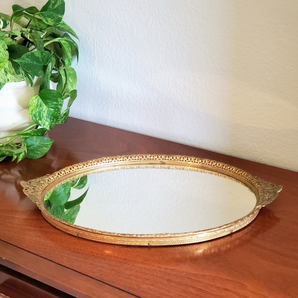 Vintage Ornate Gold Metal Filagree Mirrored Perfume Vanity Tray